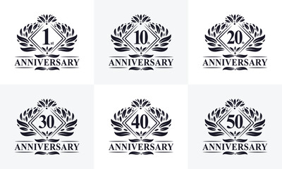 Vintage Retro Anniversary logo set. Luxurious golden anniversary logo bundle. 1st, 10th, 20th, 30th, 40th, 50th anniversary logo bundle.
