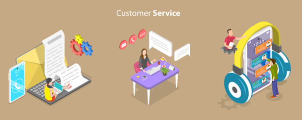 Fototapeta premium 3D Isometric Flat Vector Conceptual Illustration of Customer Service, Global Technical Hotline Support
