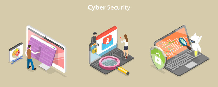 3D Isometric Flat Vector Conceptual Illustration of Cyber Security, Privacy Risks and Data Protection