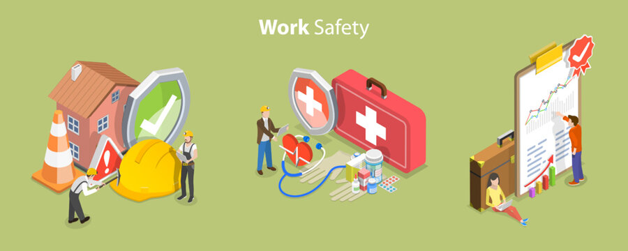 3D Isometric Flat Vector Conceptual Illustration of Safety Work, HSE - Health Safety Environment