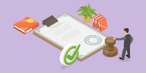 3D Isometric Flat Vector Conceptual Illustration of Document Approval, Approved Application