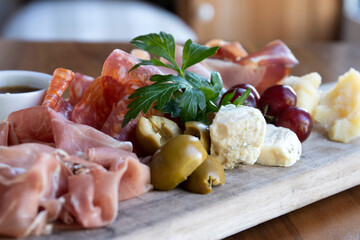 prosciutto, salami and cheese board, close up