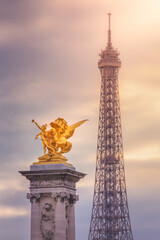 Fototapeta na wymiar Eiffel Tower and Pont Alexandre III statue, Paris, france