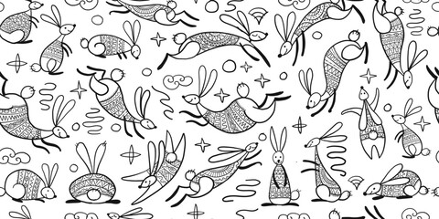 Symbol of chinese new year 2023 rabbit zodiac sign. Funny Bunnies seamless pattern, art background. Vector illustration