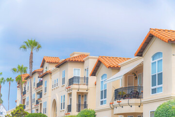 Fototapeta na wymiar Complex apartment buildings with decorated balconies at Carlsbad, San Diego, California