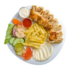 shawarma with chicken in Arabic isolated on white top view