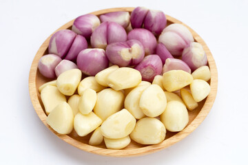 Fresh garlic with shallot on white background