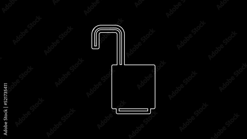 Poster white line open padlock icon isolated on black background. opened lock sign. cyber security concept.