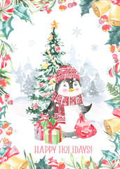 Watercolor winter forest,Christmas card illustration. Happy New Year characters, Pinguin,Christmas tree, snowflakes, floral frame,greenery, snowfall, presents,santa costume,Christmas Eve,greeting card