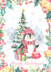 Watercolor winter forest,Christmas card illustration. Happy New Year characters, Pinguin,Christmas tree, snowflakes, floral frame,greenery, snowfall, presents,santa costume,Christmas Eve,greeting card
