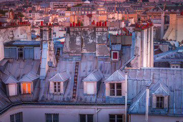 Quarter latin parisian roofs details at dramatic dawn Paris, France - obrazy, fototapety, plakaty
