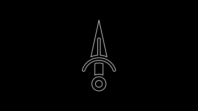 White line Dagger icon isolated on black background. Knife icon. Sword with sharp blade. 4K Video motion graphic animation