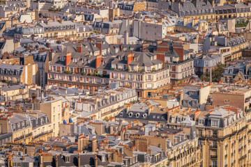 Fototapeta na wymiar Montmartre parisian roofs details at golden sunrise Paris, France