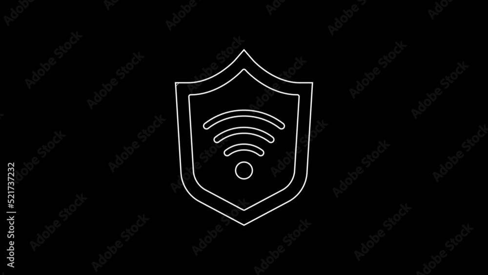 Poster white line shield with wifi wireless internet network symbol icon isolated on black background. prot