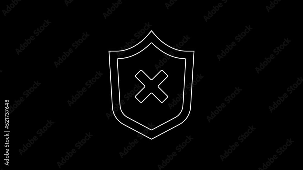 Poster white line shield with cross mark icon isolated on black background. shield and rejected. notice of 