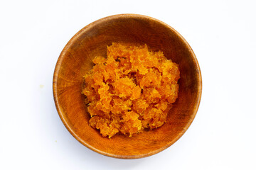 Pineapple paste or jam on white background.