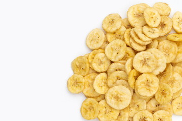Banana slice chips on white background.