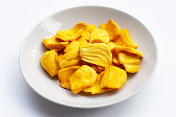Jackfruit chips on white background.