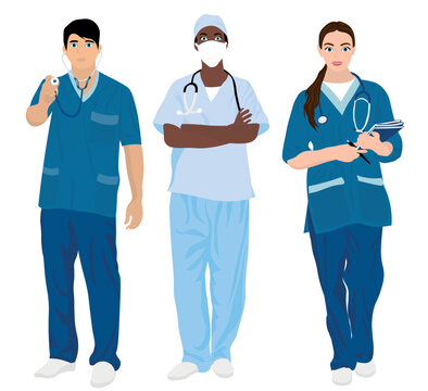 Set of different doctors on white background