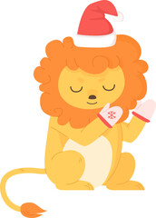 Cute lion sit with Christmas hat and warm gloves