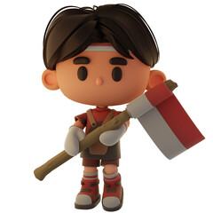 cute 3d male barista character with the theme of Indonesian independence