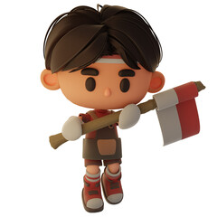 cute 3d male barista character with the theme of Indonesian independence