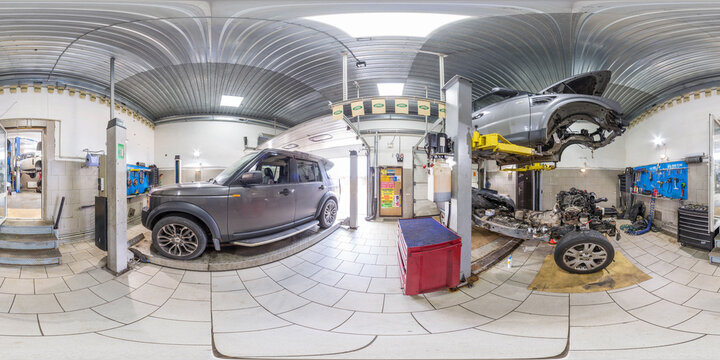 Full seamless spherical hdr 360 panorama view inside cars service station and accident recovery in equirectangular projection, ready for VR AR virtual reality