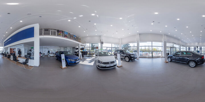 Full seamless spherical hdri panorama 360 degrees angle view inside of interior modern car center shop in equirectangular projection. ready for vr ar virtual reality