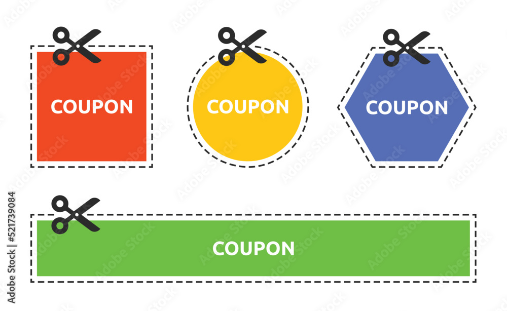 Poster Coupon label with scissors and dashed line vector set. Cutting colorful shape template design illustration.