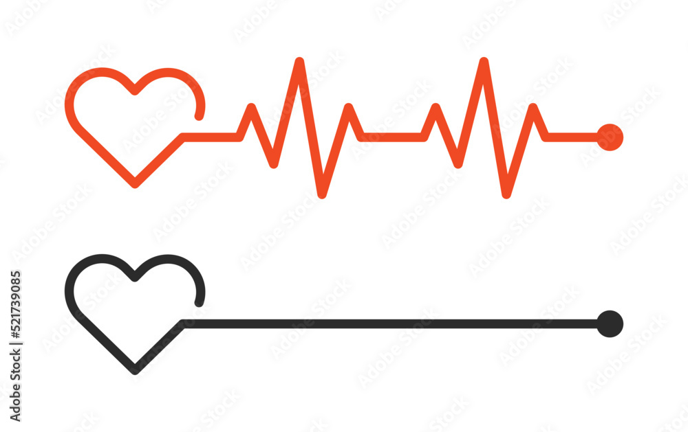 Poster heartbeat line life monitoring vector icon illustration. alive with red heart pulse and dead with bl