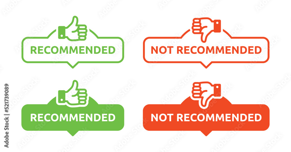 Poster recommended sign with thumb up symbol and not recommended tag label. vector icon set illustration.