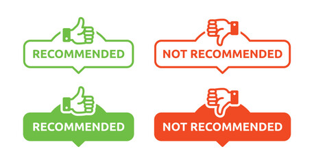 Recommended sign with thumb up symbol and not recommended tag label. Vector icon set illustration.