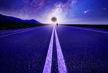road to the full moon with milky way and stars on the background