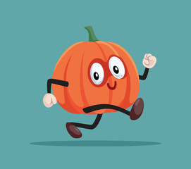 Cute Pumpkin Character Running Away Vector Cartoon Illustration. Cheerful squash plan jogging rushing for autumn celebration
