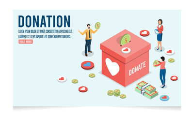 3D isometric Donation concept with People throw hearts into a box for donations, charity and financial support, box for donations . Vector illustration eps10