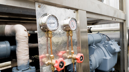 Chiller machine Unit old type. Control Water Cold In industry. With pressure gauge.