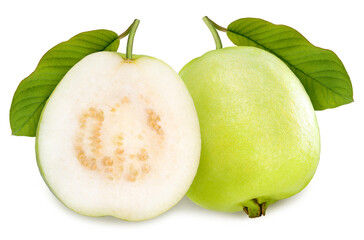 Guava fruit with leaf isolated on white background, Fresh green guava on White With clipping path.