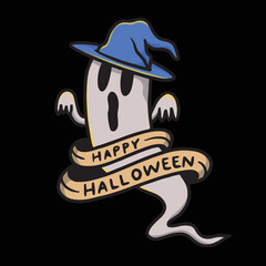 Hand Drawn Cute Ghost with Halloween Sign Illustration