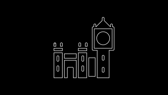 White line Big Ben tower icon isolated on black background. Symbol of London and United Kingdom. 4K Video motion graphic animation