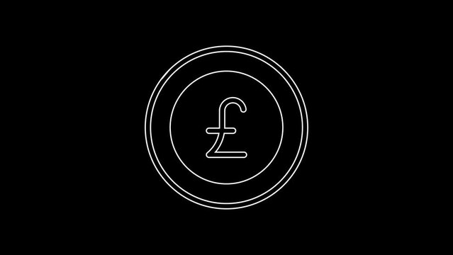 White line Coin money with pound sterling symbol icon isolated on black background. Banking currency sign. Cash symbol. 4K Video motion graphic animation