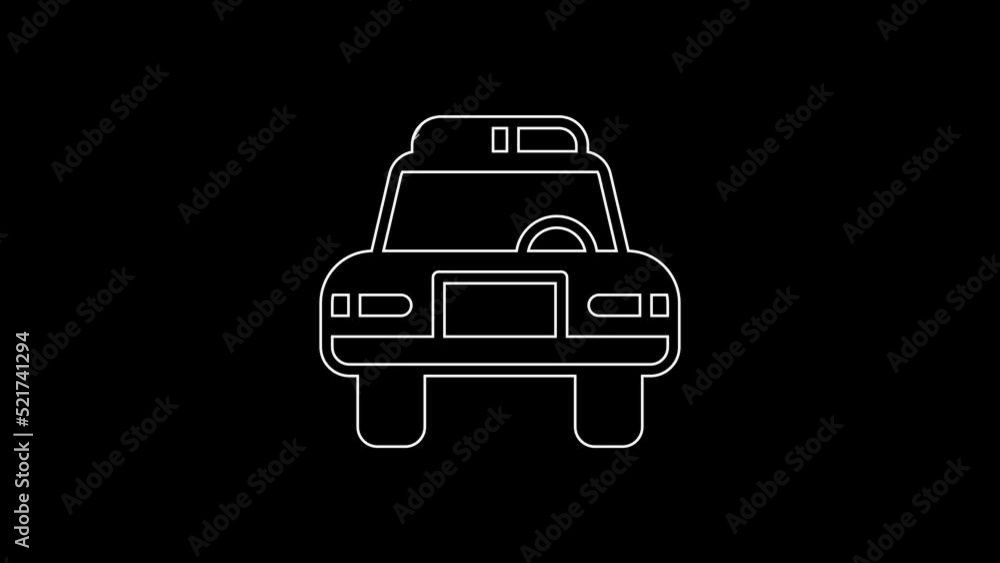 Poster White line Police car and police flasher icon isolated on black background. Emergency flashing siren. 4K Video motion graphic animation