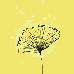 linear flower illustration with vector watercolor yellow stain