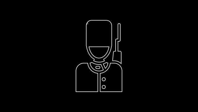 White line British guardsman with bearskin hat marching icon isolated on black background. 4K Video motion graphic animation