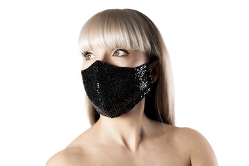 Beautiful brunette girl with blond hair fringe bangs wearing black fashionable protective face mask..