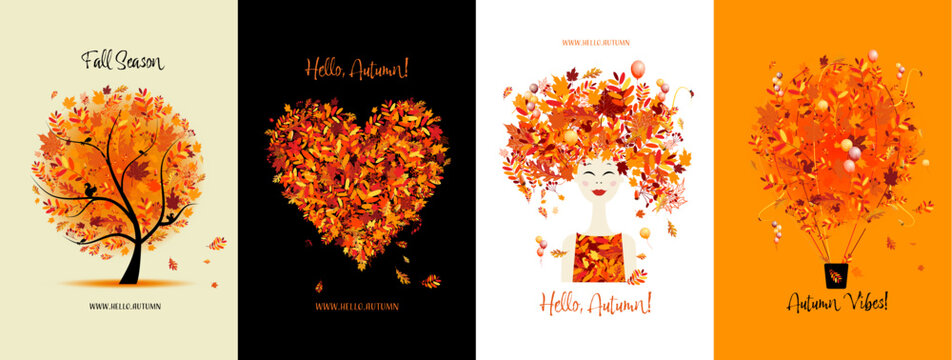 Autumn, Fall season. Tree, heart shape, women portrait, air balloon. Set of concept art for your design project - cards, banners, poster, web, print, social media, promotional materials. Vector