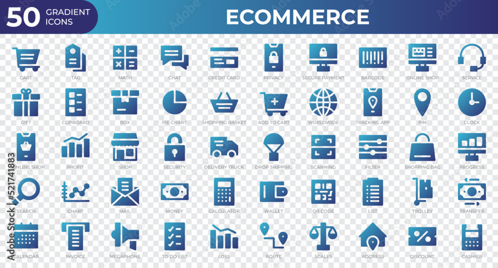 Poster set of 50 ecommerce web icons in gradient style. credit card, profit, invoice. gradient icons collec