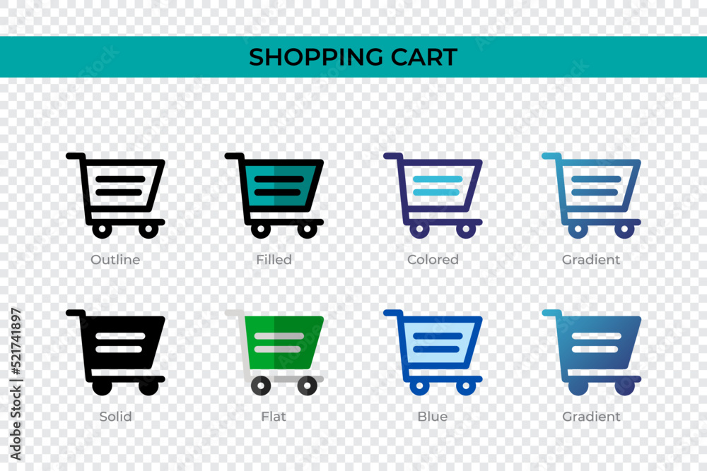 Poster shopping cart icon in different style. shopping cart vector icons designed in outline, solid, colore