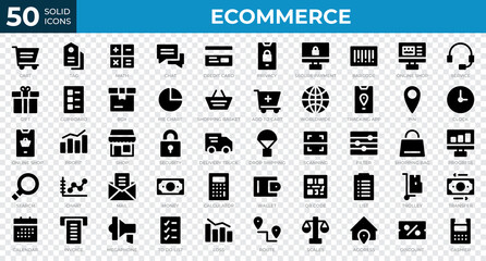 Fototapeta na wymiar Set of 50 Ecommerce web icons in solid style. Credit card, cart, invoice. Solid icons collection. Vector illustration