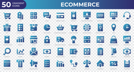 Set of 50 Ecommerce web icons in gradient style. Credit card, profit, invoice. Gradient icons collection. Vector illustration