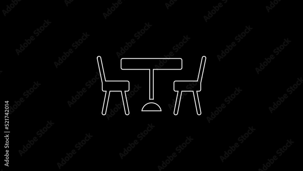 Poster white line picnic table with chairs on either side of the table icon isolated on black background. 4